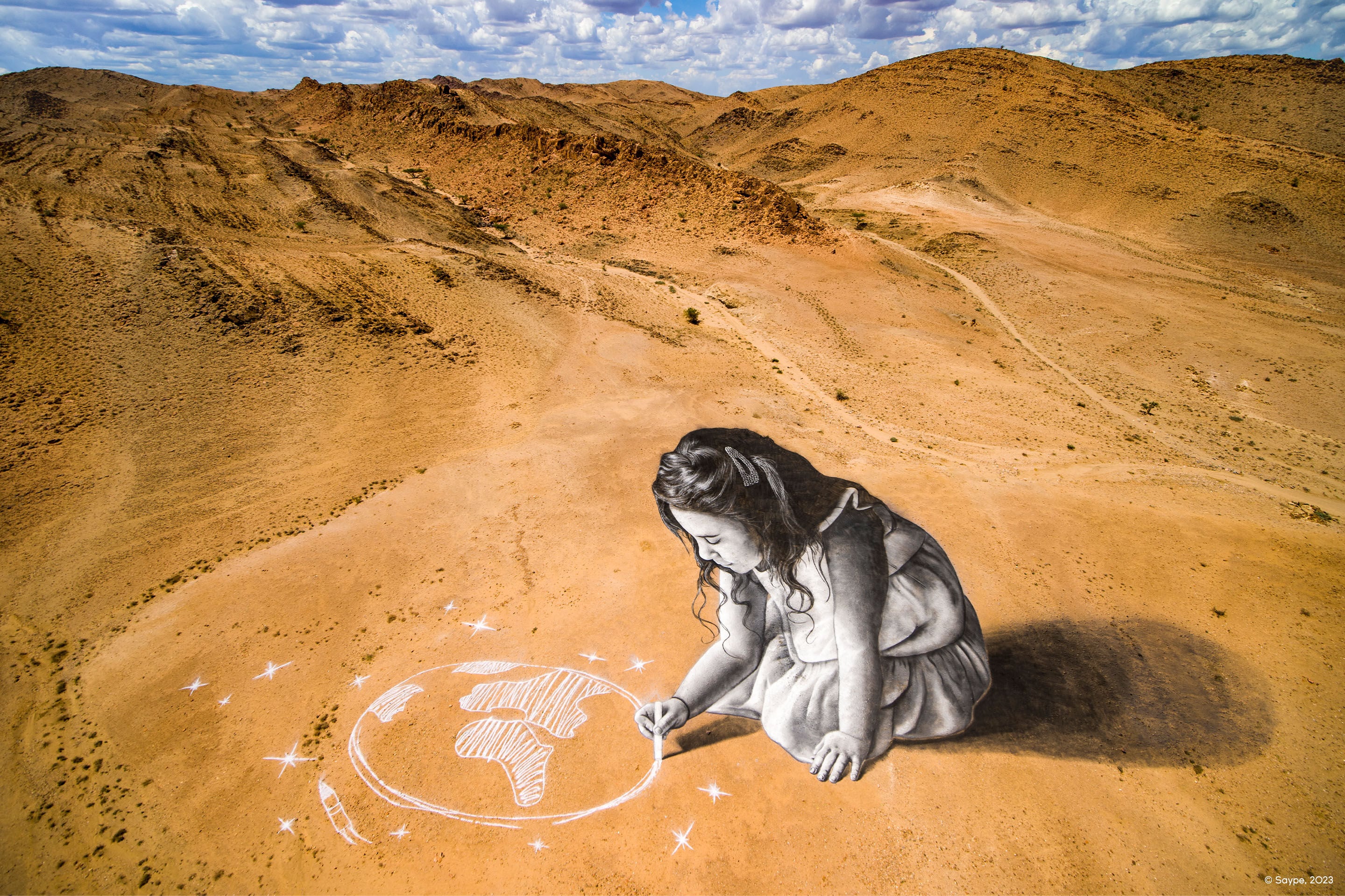 Painting representing a little girl created by Saype Painting representing a little girl created by Saype